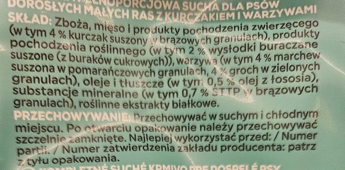 etykieta karmy dla psów